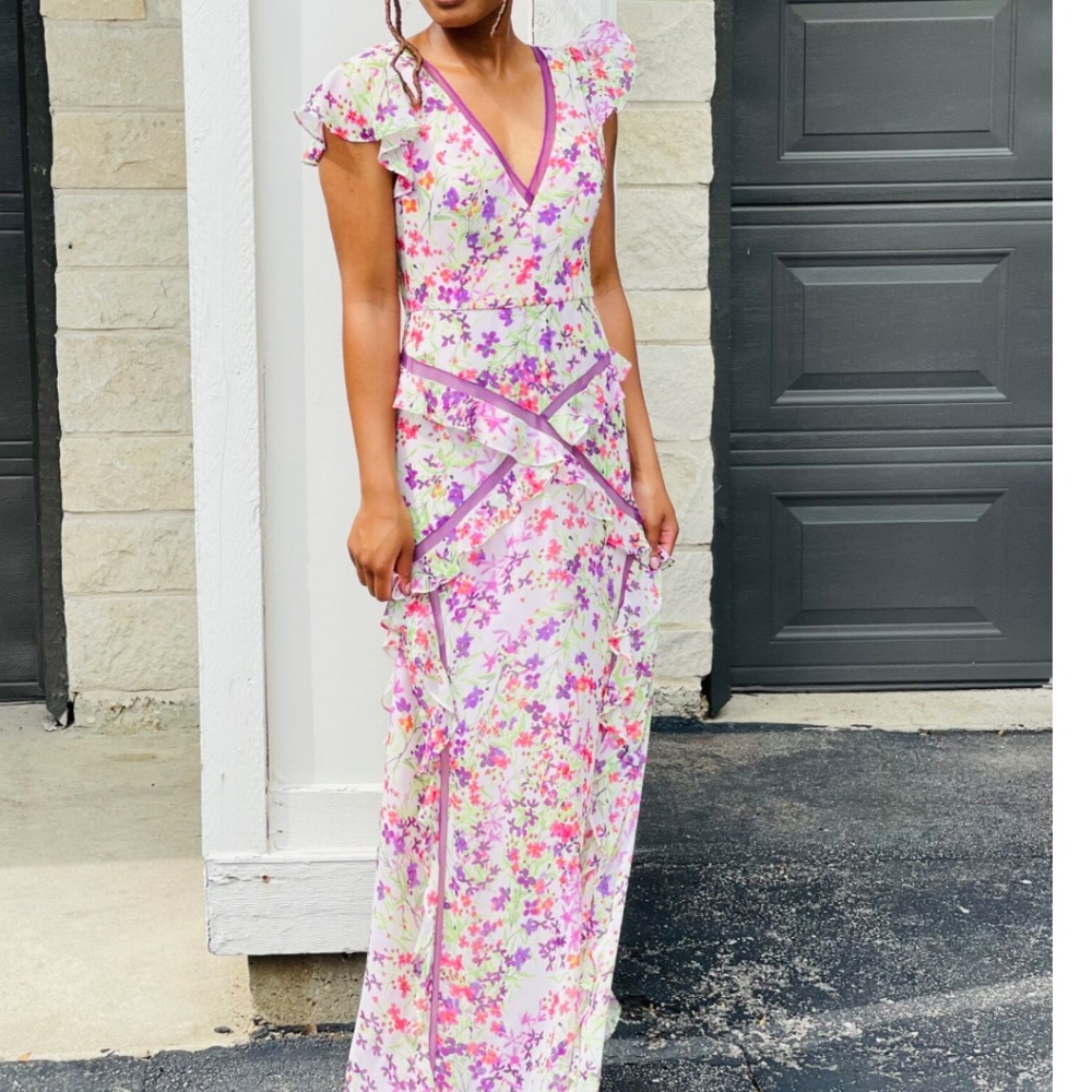 BCBGMAXAZRIA Botanical Floral Ruffled Maxi Dress Size 2